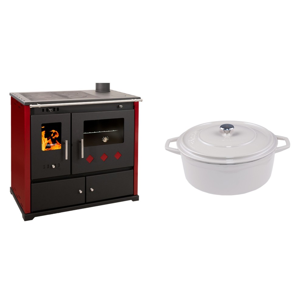 Set Küchenofen / Küchenhexe Prometey Practik Lux mit rechtem Kamin, burgunderrot, 9.5kW + Gusseisen Topf Tiefer Solagio, Ivory, Ф24