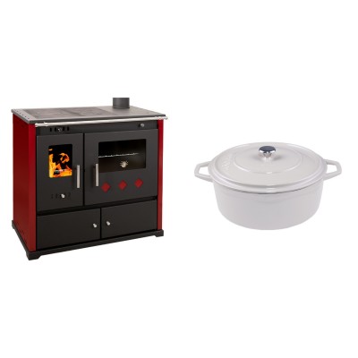 Set Küchenofen / Küchenhexe Prometey Practik Lux mit rechtem Kamin, burgunderrot, 9.5kW + Gusseisen Topf Tiefer Solagio, Ivory, Ф24 - Kaminofen - Holzofen mit Backfach