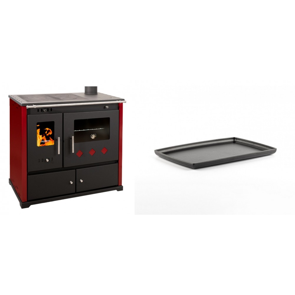 Set Küchenofen / Küchenhexe Prometey Practik Lux mit rechtem Kamin, burgunderrot, 9.5kW + Rechteckige Servierplatte aus Gusseisen Solagio, 21x31cm