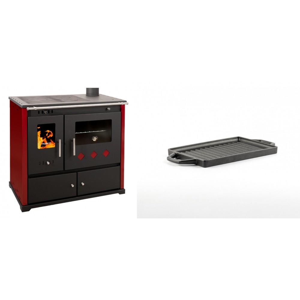 Set Küchenofen / Küchenhexe Prometey Practik Lux mit rechtem Kamin, burgunderrot, 9.5kW + Mini-Grillplatte aus Gusseisen Solagio, 15.5x22.5cm | Kaminofen - Holzofen mit Backfach | Kaminofen |