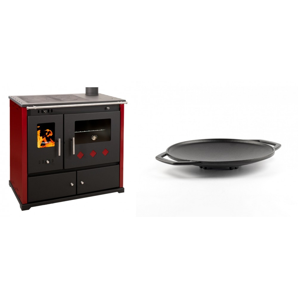 Set Küchenofen / Küchenhexe Prometey Practik Lux mit rechtem Kamin, burgunderrot, 9.5kW + Backplatte aus Gusseisen Solagio, Ф28cm | Kaminofen - Holzofen mit Backfach | Kaminofen |