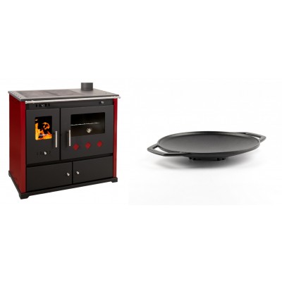 Set Küchenofen / Küchenhexe Prometey Practik Lux mit rechtem Kamin, burgunderrot, 9.5kW + Backplatte aus Gusseisen Solagio, Ф28cm - Kaminofen - Holzofen mit Backfach