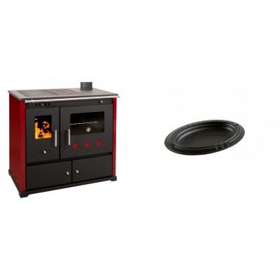 Set Küchenofen / Küchenhexe Prometey Practik Lux mit rechtem Kamin, burgunderrot, 9.5kW + Gusseiserne auflaufform Solagio oval, 17x28cm - Kaminofen - Holzofen mit Backfach