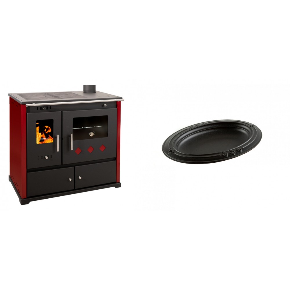 Set Küchenofen / Küchenhexe Prometey Practik Lux mit rechtem Kamin, burgunderrot, 9.5kW + Gusseiserne auflaufform Solagio oval, 25x33cm