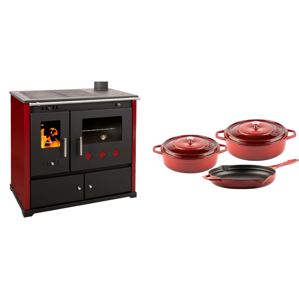 Set Küchenofen / Küchenhexe Prometey Practik Lux mit rechtem Kamin, burgunderrot, 9.5kW + Gusseisen Topf Set aus 3 teilen Solagio, Rubin | Kaminofen - Holzofen mit Backfach | Kaminofen |