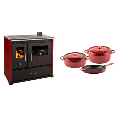 Set Küchenofen / Küchenhexe Prometey Practik Lux mit rechtem Kamin, burgunderrot, 9.5kW + Gusseisen Topf Set aus 3 teilen Solagio, Rubin - Kaminofen - Holzofen mit Backfach