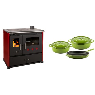 Set Küchenofen / Küchenhexe Prometey Practik Lux mit rechtem Kamin, burgunderrot, 9.5kW + Gusseisen Topf Set aus 3 teilen Solagio, Bamboo - Kaminofen - Holzofen mit Backfach