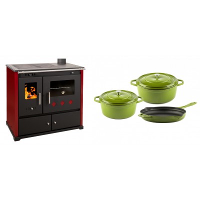 Set Küchenofen / Küchenhexe Prometey Practik Lux mit rechtem Kamin, burgunderrot, 9.5kW + Gusseisen Topf Set aus 3 teilen Solagio, Bamboo - Kaminofen - Holzofen mit Backfach