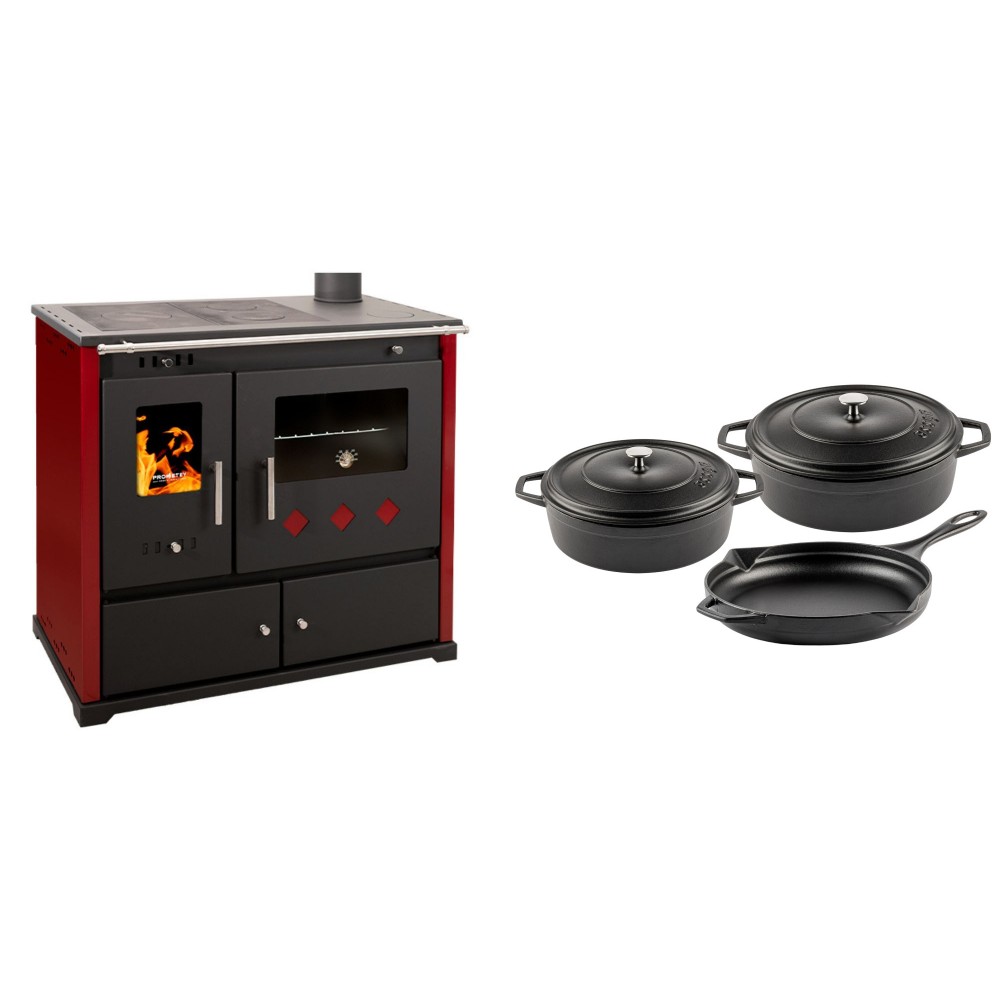 Set Küchenofen / Küchenhexe Prometey Practik Lux mit rechtem Kamin, burgunderrot, 9.5kW + Gusseisen Topf Set aus 3 teilen Solagio, Black Onyx | Kaminofen - Holzofen mit Backfach | Kaminofen |