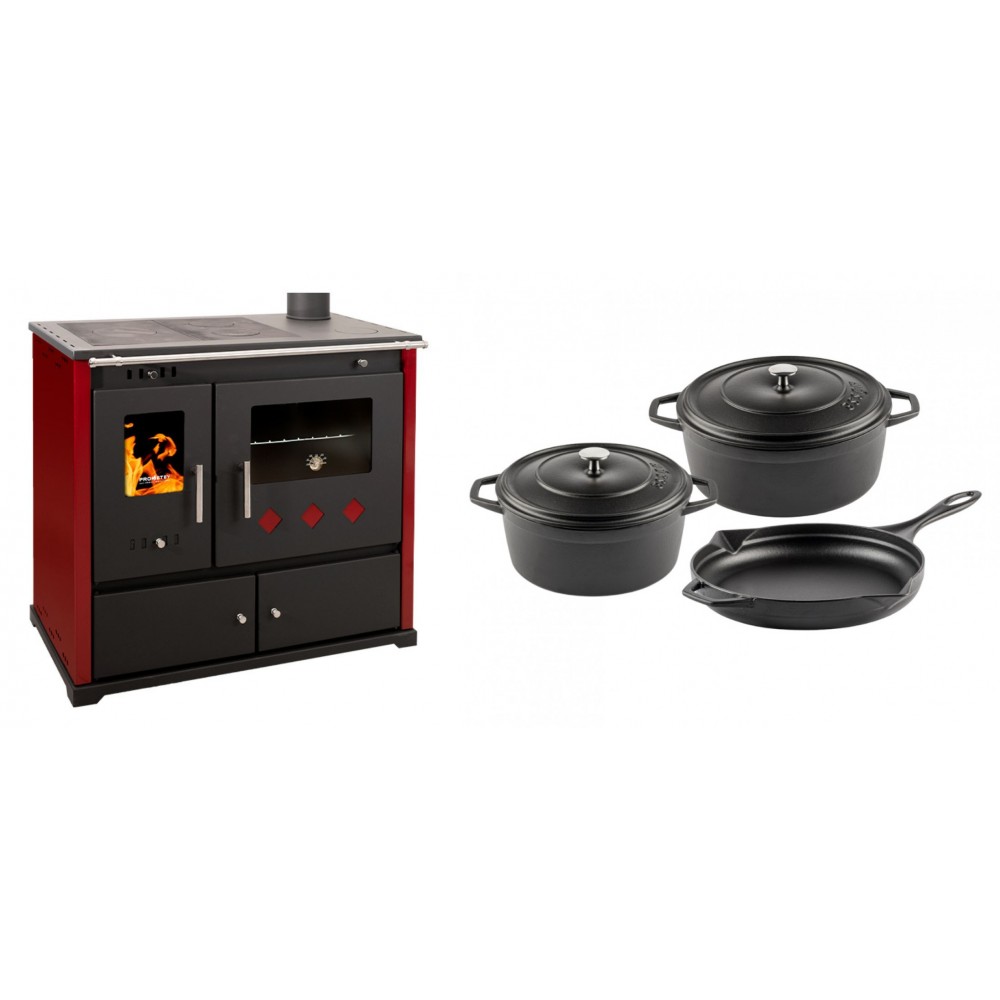 Set Küchenofen / Küchenhexe Prometey Practik Lux mit rechtem Kamin, burgunderrot, 9.5kW + Gusseisen Topf Set aus 3 teilen Solagio, Black Onyx | Kaminofen - Holzofen mit Backfach | Kaminofen |
