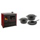 Set Küchenofen / Küchenhexe Prometey Practik Lux mit rechtem Kamin, burgunderrot, 9.5kW + Gusseisen Topf Set aus 3 teilen Solagio, Black Onyx | Kaminofen - Holzofen mit Backfach | Kaminofen |