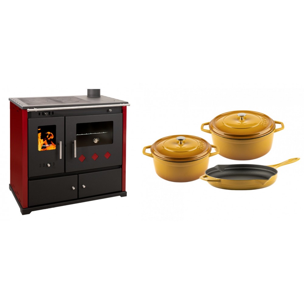 Set Küchenofen / Küchenhexe Prometey Practik Lux mit rechtem Kamin, burgunderrot, 9.5kW + Gusseisen Topf Set aus 3 teilen Solagio, Dijon