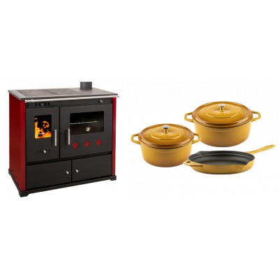 Set Küchenofen / Küchenhexe Prometey Practik Lux mit rechtem Kamin, burgunderrot, 9.5kW + Gusseisen Topf Set aus 3 teilen Solagio, Dijon - Kaminofen - Holzofen mit Backfach