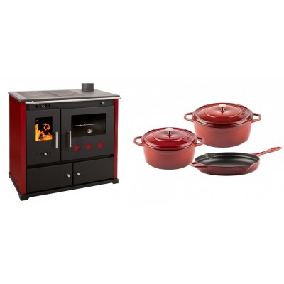 Set Küchenofen / Küchenhexe Prometey Practik Lux mit rechtem Kamin, burgunderrot, 9.5kW + Gusseisen Topf Set aus 3 teilen Solagio, Rubin - Kaminofen - Holzofen mit Backfach