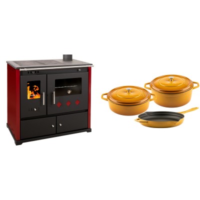 Set Küchenofen / Küchenhexe Prometey Practik Lux mit rechtem Kamin, burgunderrot, 9.5kW + Gusseisen Topf Set aus 3 teilen Solagio, Dijon - Kaminofen - Holzofen mit Backfach