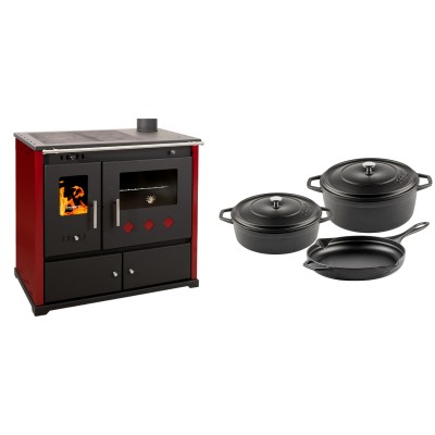 Set Küchenofen / Küchenhexe Prometey Practik Lux mit rechtem Kamin, burgunderrot, 9.5kW + Gusseisen Topf Set aus 3 teilen Solagio, Black Onyx - Kaminofen - Holzofen mit Backfach