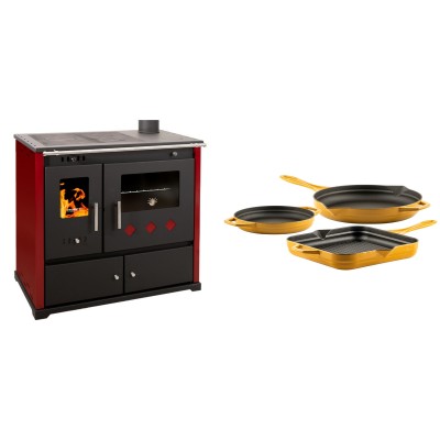 Set Küchenofen / Küchenhexe Prometey Practik Lux mit rechtem Kamin, burgunderrot, 9.5kW + Gusseisen Topf Set aus 3 teilen Solagio, Dijon - Kaminofen - Holzofen mit Backfach