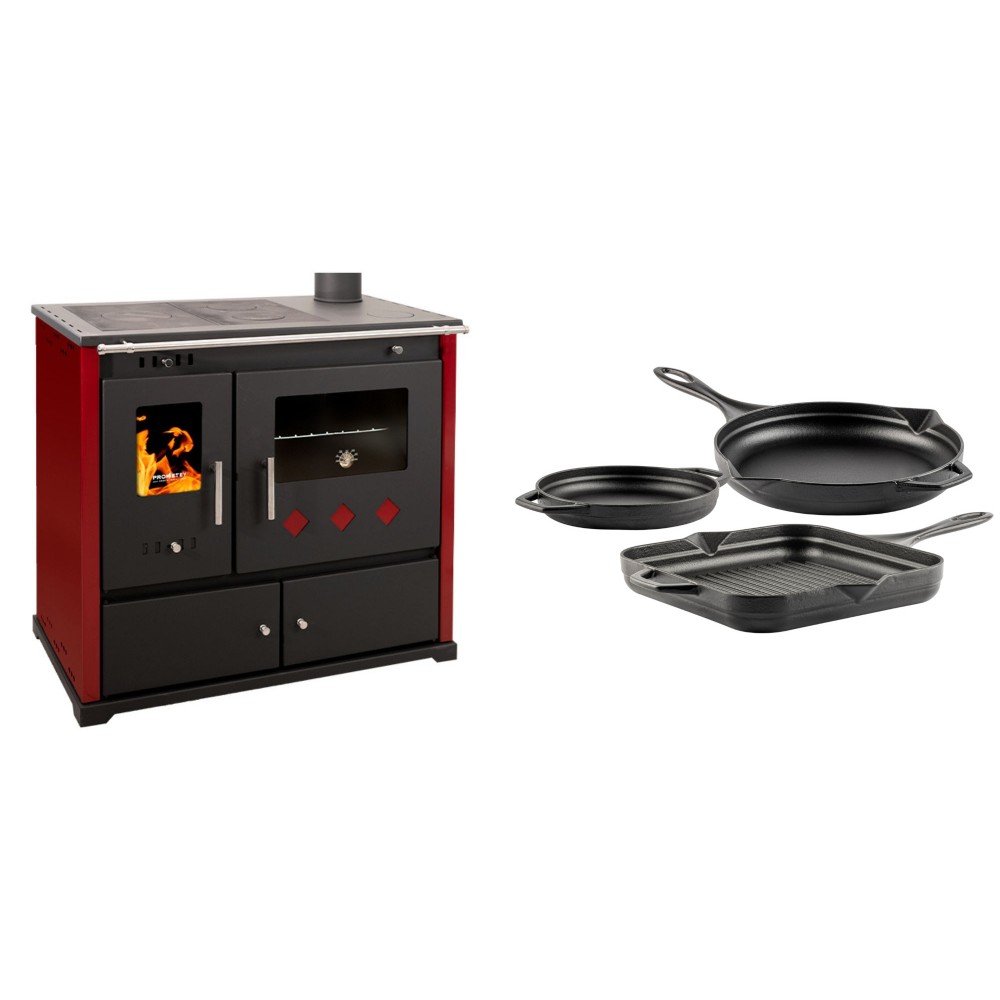 Set Küchenofen / Küchenhexe Prometey Practik Lux mit rechtem Kamin, burgunderrot, 9.5kW + Gusseisen Topf Set aus 3 teilen Solagio, Black Onyx | Kaminofen - Holzofen mit Backfach | Kaminofen |
