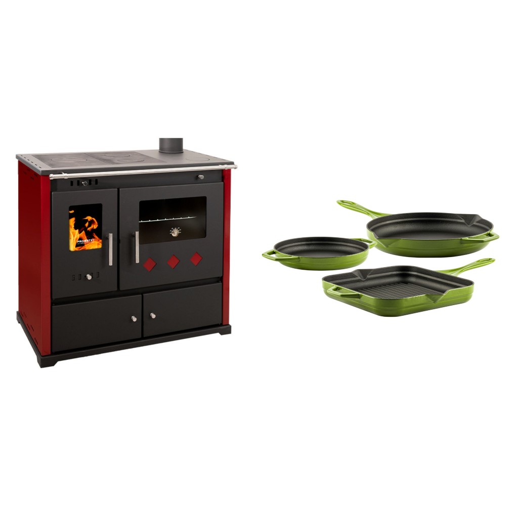 Set Küchenofen / Küchenhexe Prometey Practik Lux mit rechtem Kamin, burgunderrot, 9.5kW + Gusseisen Topf Set aus 3 teilen Solagio, Bamboo