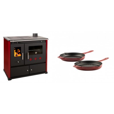 Set Küchenofen / Küchenhexe Prometey Practik Lux mit rechtem Kamin, burgunderrot, 9.5kW + Gusseisen Topf Set aus 2 teilen Solagio, Rubin - Kaminofen - Holzofen mit Backfach