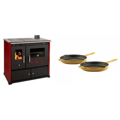 Set Küchenofen / Küchenhexe Prometey Practik Lux mit rechtem Kamin, burgunderrot, 9.5kW + Gusseisen Topf Set aus 2 teilen Solagio, Dijon - Kaminofen - Holzofen mit Backfach