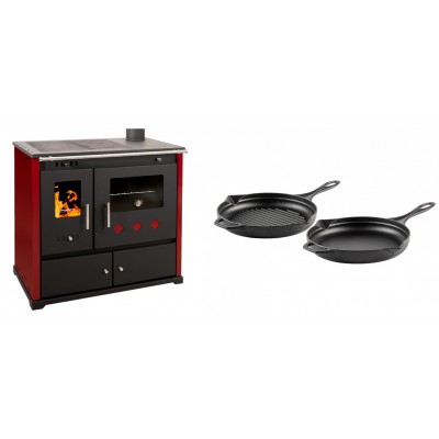 Set Küchenofen / Küchenhexe Prometey Practik Lux mit rechtem Kamin, burgunderrot, 9.5kW + Gusseisen Topf Set aus 2 teilen Solagio, Black Onyx - Kaminofen - Holzofen mit Backfach