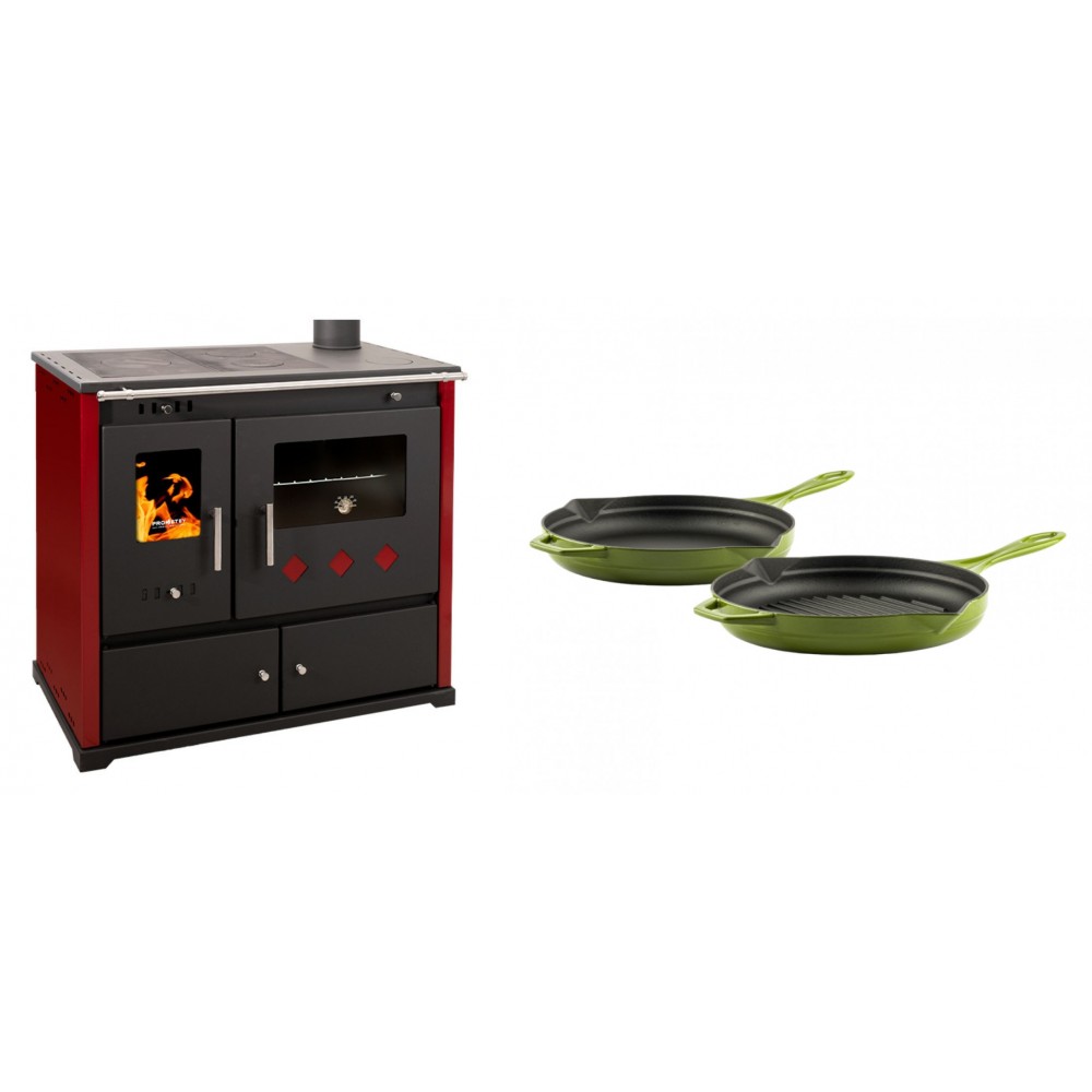 Set Küchenofen / Küchenhexe Prometey Practik Lux mit rechtem Kamin, burgunderrot, 9.5kW + Gusseisen Topf Set aus 2 teilen Solagio, Bamboo