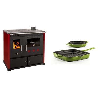 Set Küchenofen / Küchenhexe Prometey Practik Lux mit rechtem Kamin, burgunderrot, 9.5kW + Gusseisen Topf Set aus 2 teilen Solagio, Bamboo - Kaminofen - Holzofen mit Backfach