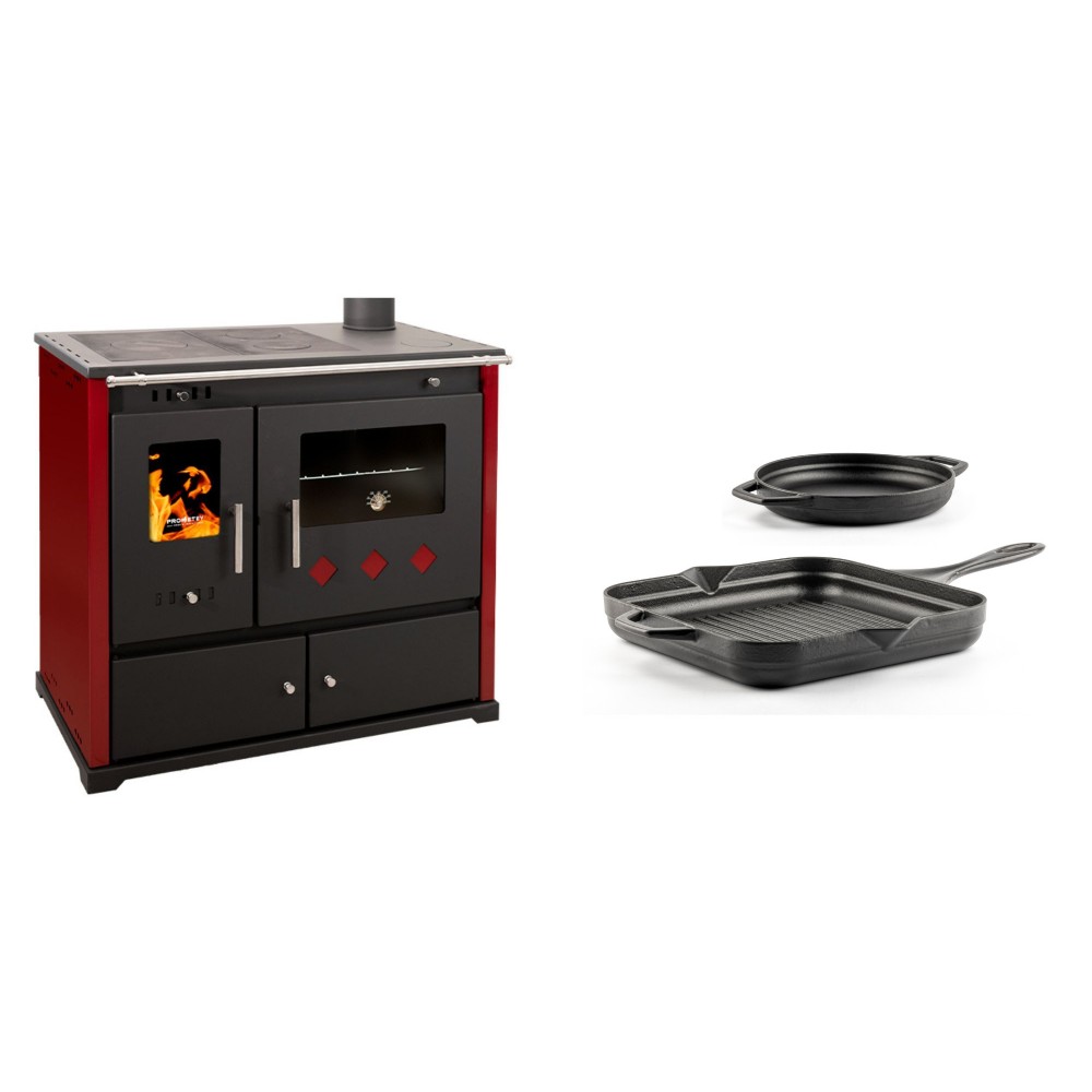 Set Küchenofen / Küchenhexe Prometey Practik Lux mit rechtem Kamin, burgunderrot, 9.5kW + Gusseisen Topf Set aus 2 teilen Solagio, Black Onyx | Kaminofen - Holzofen mit Backfach | Kaminofen |
