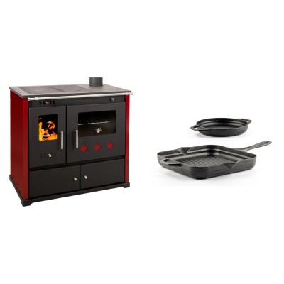 Set Küchenofen / Küchenhexe Prometey Practik Lux mit rechtem Kamin, burgunderrot, 9.5kW + Gusseisen Topf Set aus 2 teilen Solagio, Black Onyx - Kaminofen - Holzofen mit Backfach