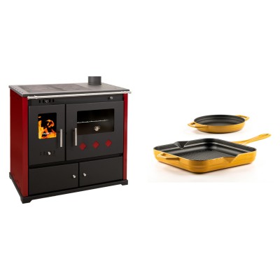 Set Küchenofen / Küchenhexe Prometey Practik Lux mit rechtem Kamin, burgunderrot, 9.5kW + Gusseisen Topf Set aus 2 teilen Solagio, Dijon - Kaminofen - Holzofen mit Backfach