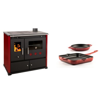 Set Küchenofen / Küchenhexe Prometey Practik Lux mit rechtem Kamin, burgunderrot, 9.5kW + Gusseisen Topf Set aus 2 teilen Solagio, Rubin - Kaminofen - Holzofen mit Backfach