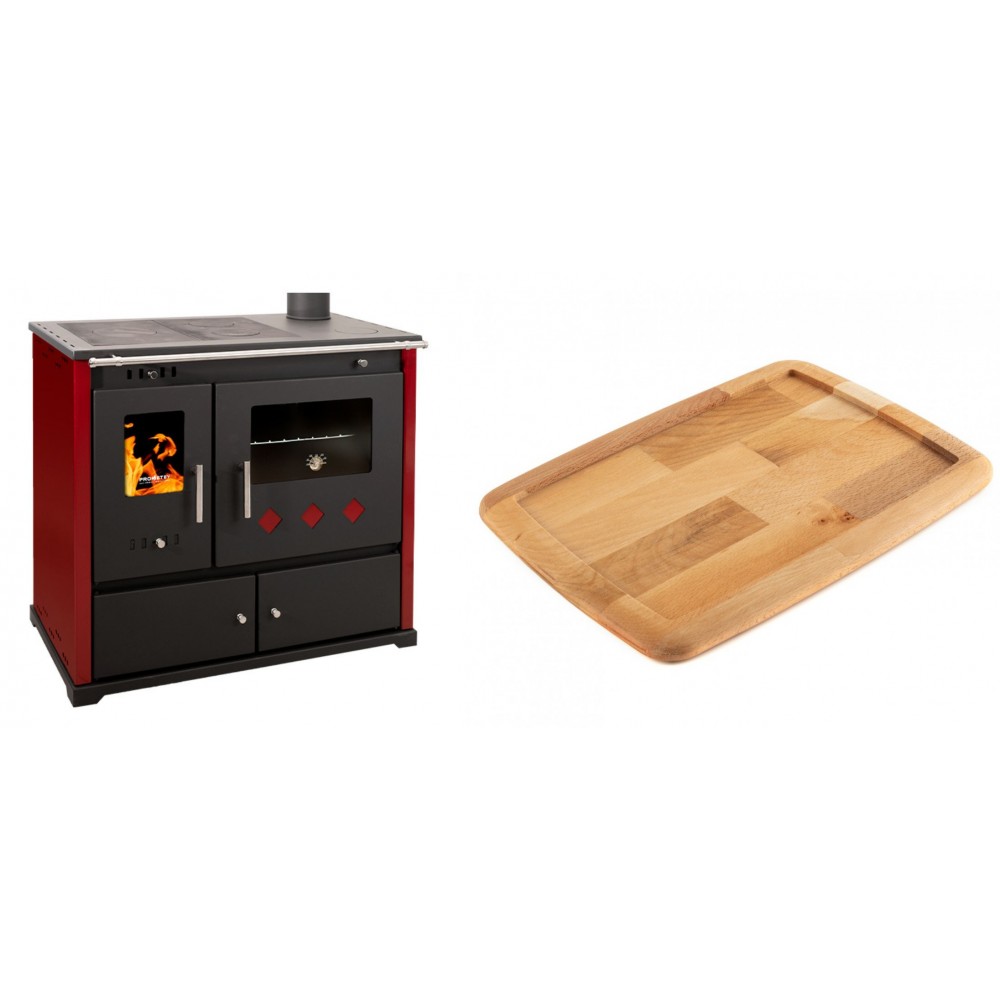 Set Küchenofen / Küchenhexe Prometey Practik Lux mit rechtem Kamin, burgunderrot, 9.5kW + Holz untersetzer für gusseisenplatte Solagio HSST2131