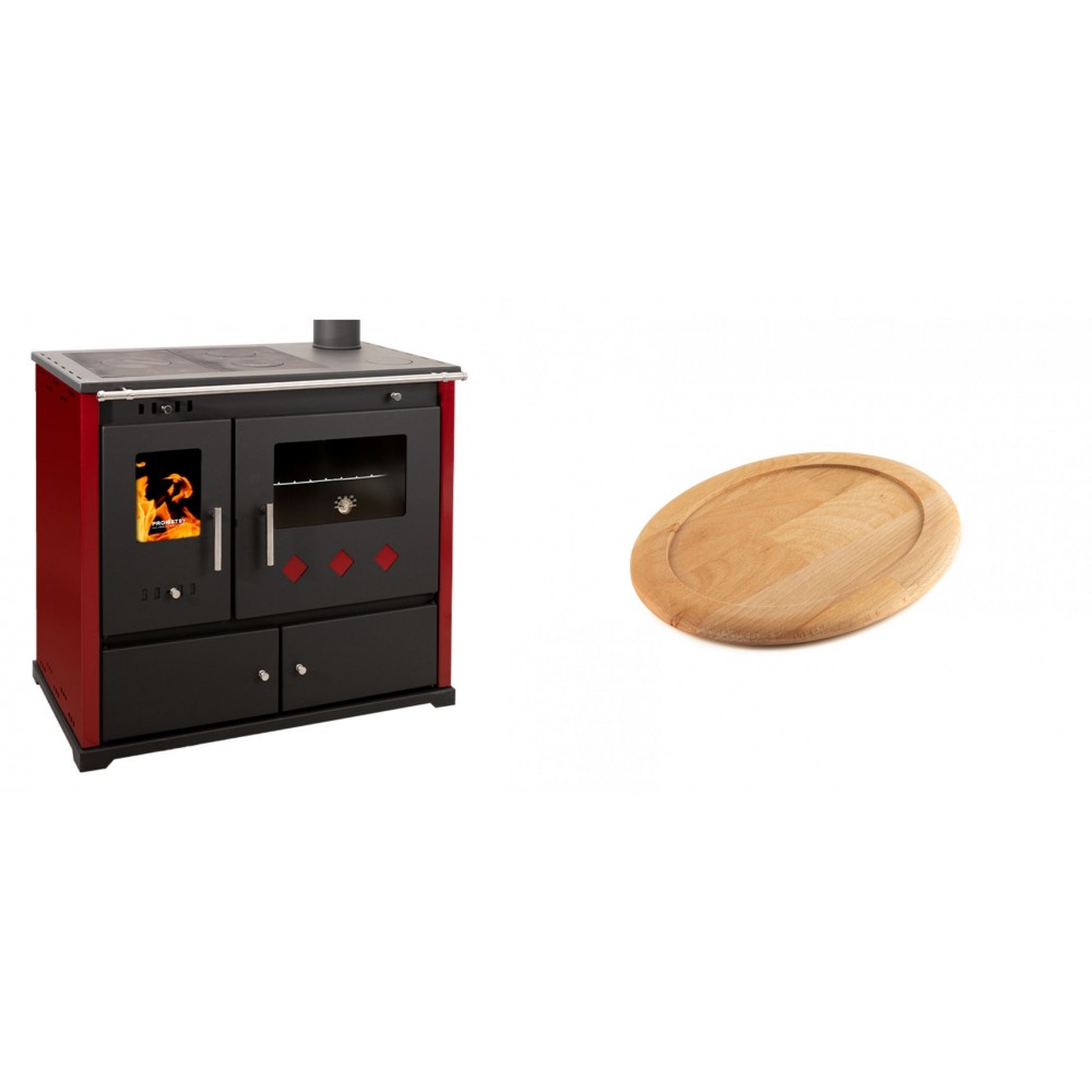 Set Küchenofen / Küchenhexe Prometey Practik Lux mit rechtem Kamin, burgunderrot, 9.5kW + Holz untersetzer für ovale gusseisenpfanne Solagio HSFT1825