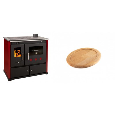 Set Küchenofen / Küchenhexe Prometey Practik Lux mit rechtem Kamin, burgunderrot, 9.5kW + Holz untersetzer für ovale gusseisenpfanne Solagio HSFT1825 - Kaminofen - Holzofen mit Backfach