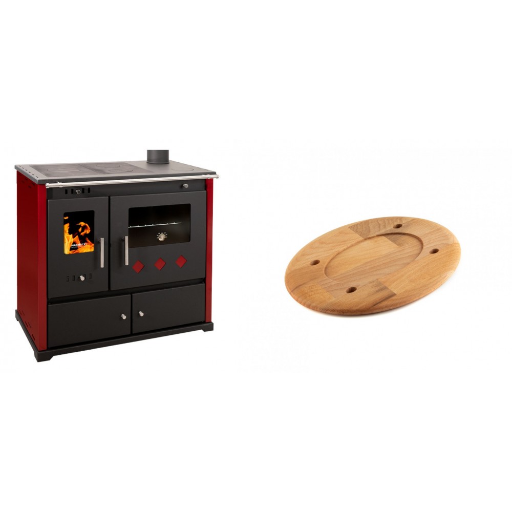 Set Küchenofen / Küchenhexe Prometey Practik Lux mit rechtem Kamin, burgunderrot, 9.5kW + Holz untersetzer für ovale platte Solagio HSOISK1728, 17x28cm | Kaminofen - Holzofen mit Backfach | Kaminofen |