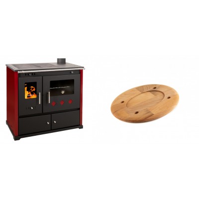 Set Küchenofen / Küchenhexe Prometey Practik Lux mit rechtem Kamin, burgunderrot, 9.5kW + Holz untersetzer für ovale platte Solagio HSOISK1728, 17x28cm - Kaminofen - Holzofen mit Backfach