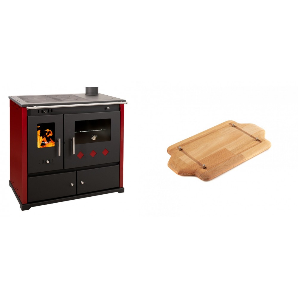 Set Küchenofen / Küchenhexe Prometey Practik Lux mit rechtem Kamin, burgunderrot, 9.5kW + Holz untersetzer für mini-gusseisenplatte Solagio HSDDHP1522