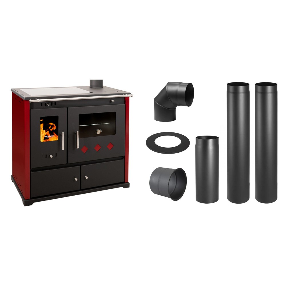 Set Küchenofen / Küchenhexe Prometey Practik Lux mit Cerankochfeld, Rauchabzug rechts, burgund, 9.5kW + Schornstein Bausatz PARKANEX, Stahl Ø130, Dicke 2mm | Kaminofen - Holzofen mit Backfach | Kaminofen |