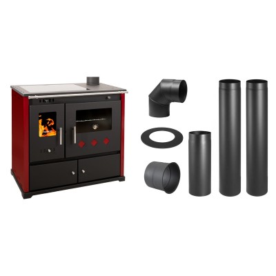 Set Küchenofen / Küchenhexe Prometey Practik Lux mit Cerankochfeld, Rauchabzug rechts, burgund, 9.5kW + Schornstein Bausatz PARKANEX, Stahl Ø130, Dicke 2mm - Kaminofen - Holzofen mit Backfach