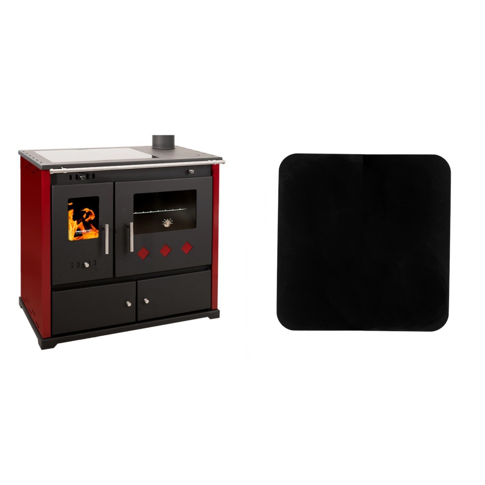 Set Küchenofen / Küchenhexe Prometey Practik Lux mit Cerankochfeld, Rauchabzug rechts, burgund, 9.5kW + Funkenschutzplatte Stahl 2mm, Größe 98x98cm | Kaminofen - Holzofen mit Backfach | Kaminofen |