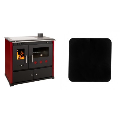 Set Küchenofen / Küchenhexe Prometey Practik Lux mit Cerankochfeld, Rauchabzug rechts, burgund, 9.5kW + Funkenschutzplatte Stahl 2mm, Größe 98x98cm - Prometey