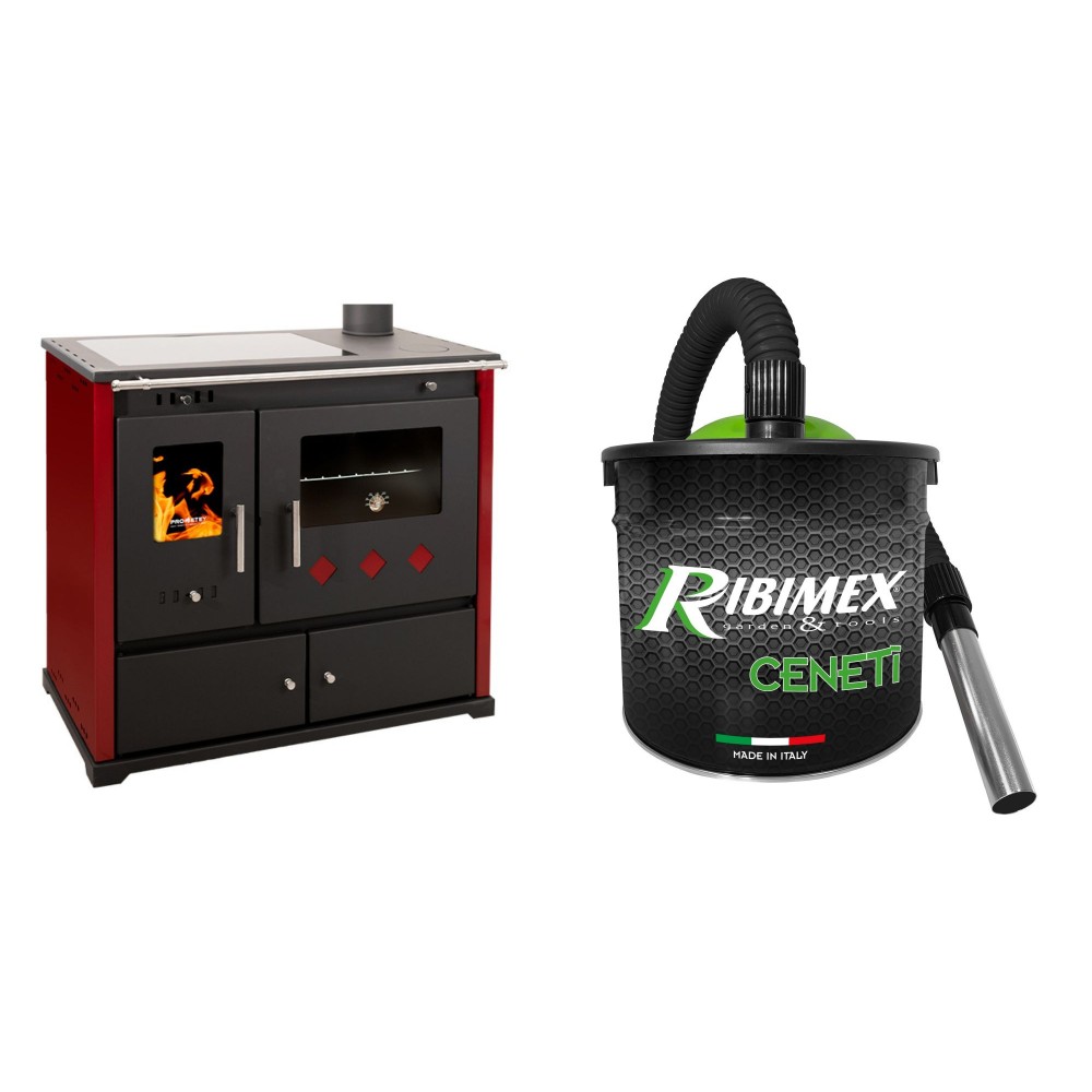 Set Küchenofen / Küchenhexe Prometey Practik Lux mit Cerankochfeld, Rauchabzug rechts, burgund, 9.5kW + Elektrischer Aschesauger Ribimex, Modell Cenetì, Fassungsvermögen 15 L | Kaminofen - Holzofen mit Backfach | Kaminofen |