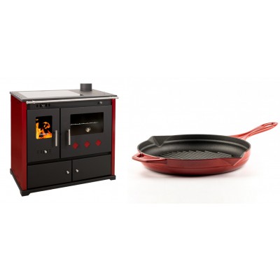 Set Küchenofen / Küchenhexe Prometey Practik Lux mit Cerankochfeld, Rauchabzug rechts, burgund, 9.5kW + Emaillierte grillpfanne Gusseisen Solagio, Rubin, Ф28cm - Prometey