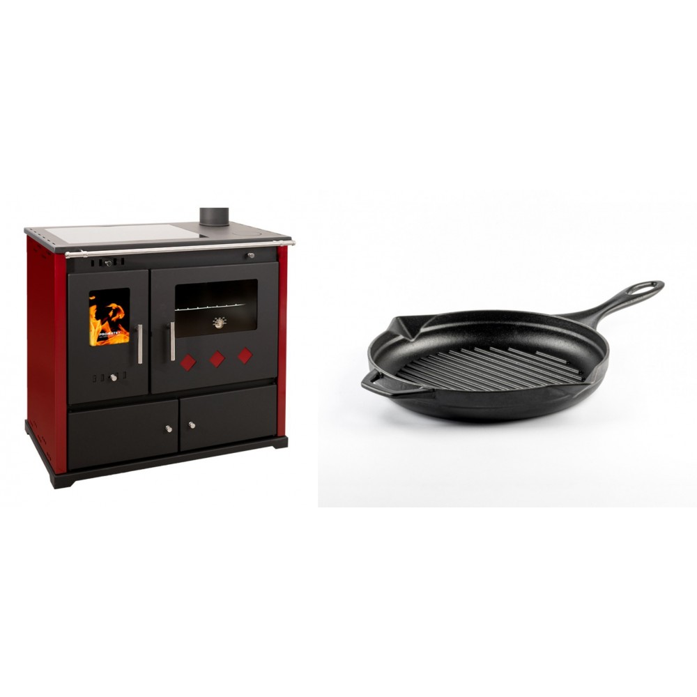 Set Küchenofen / Küchenhexe Prometey Practik Lux mit Cerankochfeld, Rauchabzug rechts, burgund, 9.5kW + Emaillierte grillpfanne Gusseisen Solagio, Black Onyx, Ф24cm