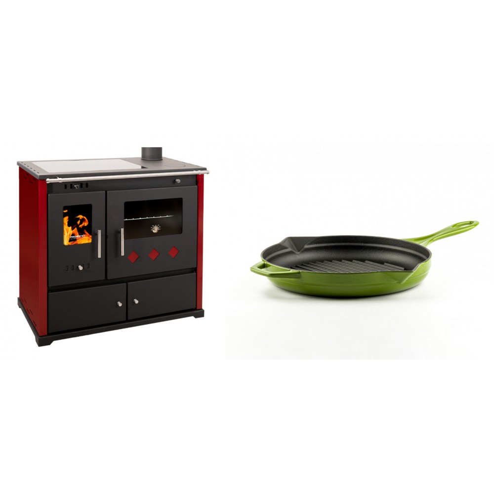 Set Küchenofen / Küchenhexe Prometey Practik Lux mit Cerankochfeld, Rauchabzug rechts, burgund, 9.5kW + Emaillierte grillpfanne Gusseisen Solagio, Bamboo, Ф24cm