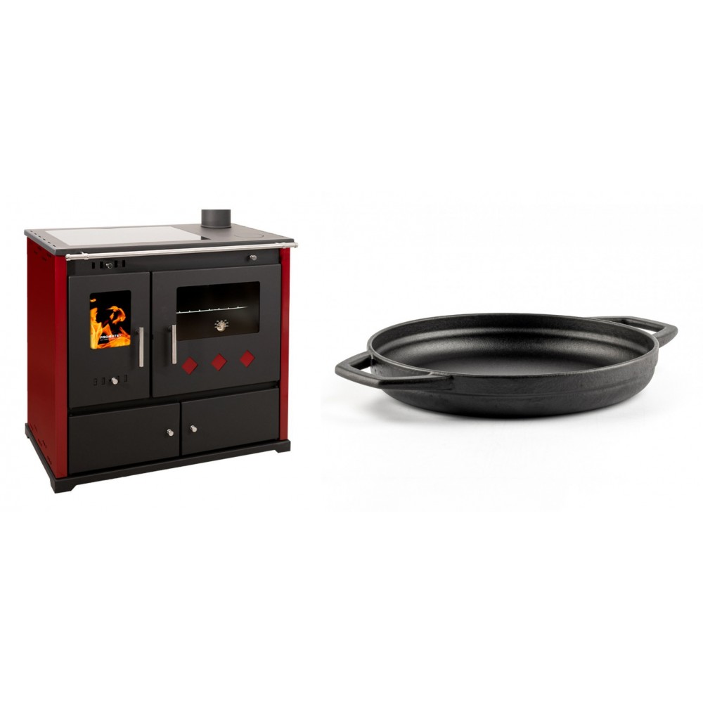 Set Küchenofen / Küchenhexe Prometey Practik Lux mit Cerankochfeld, Rauchabzug rechts, burgund, 9.5kW + Emaillierte gusseisenpfanne mit zwei Griffen Solagio, Black Onyx, Ф22cm