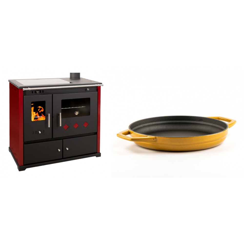 Set Küchenofen / Küchenhexe Prometey Practik Lux mit Cerankochfeld, Rauchabzug rechts, burgund, 9.5kW + Emaillierte gusseisenpfanne mit zwei Griffen Solagio, Dijon, Ф22cm | Kaminofen - Holzofen mit Backfach | Kaminofen |