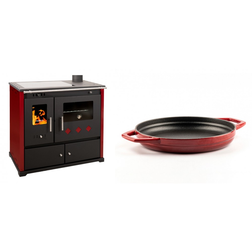 Set Küchenofen / Küchenhexe Prometey Practik Lux mit Cerankochfeld, Rauchabzug rechts, burgund, 9.5kW + Emaillierte gusseisenpfanne mit zwei Griffen Solagio, Rubin, Ф22cm | Kaminofen - Holzofen mit Backfach | Kaminofen |