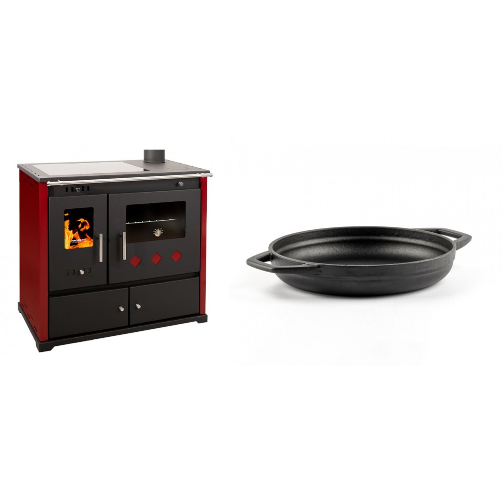 Set Küchenofen / Küchenhexe Prometey Practik Lux mit Cerankochfeld, Rauchabzug rechts, burgund, 9.5kW + Emaillierte gusseisenpfanne mit zwei Griffen Solagio, Black Onyx, Ф19cm